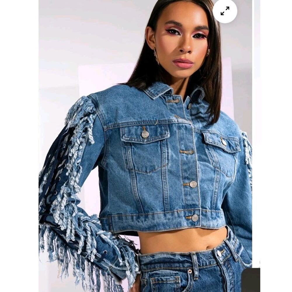 Azalea Wang Blue Denim Jacket Cropped Lace Up Sleeve Fringe Rocker Sz Large - Picture 3 of 12